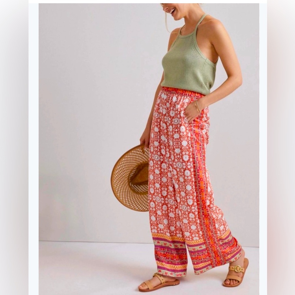 Anthropologie Red Orange Pink Wide Leg Pants
